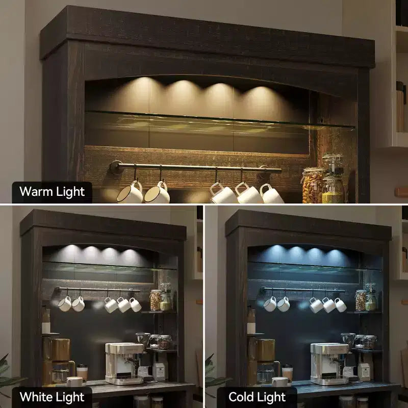 Meuble de bar à café 72" style ferme avec éclairage LED - Grand buffet avec porte-bouteilles et étagère en verre, support pour micro-ondes, garde-manger pour cuisine/salle à manger
