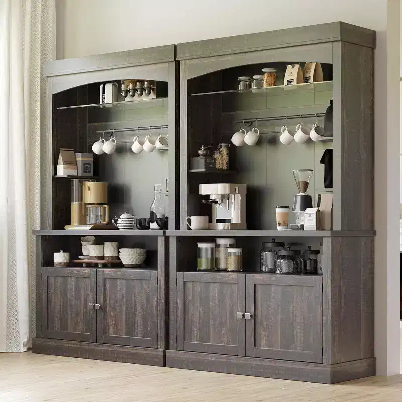 Meuble de bar à café 72" style ferme avec éclairage LED - Grand buffet avec porte-bouteilles et étagère en verre, support pour micro-ondes, garde-manger pour cuisine/salle à manger