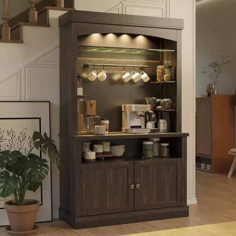 Meuble de bar à café 72" style ferme avec éclairage LED - Grand buffet avec porte-bouteilles et étagère en verre, support pour micro-ondes, garde-manger pour cuisine/salle à manger