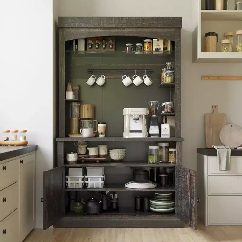 Meuble de bar à café 72" style ferme avec éclairage LED - Grand buffet avec porte-bouteilles et étagère en verre, support pour micro-ondes, garde-manger pour cuisine/salle à manger