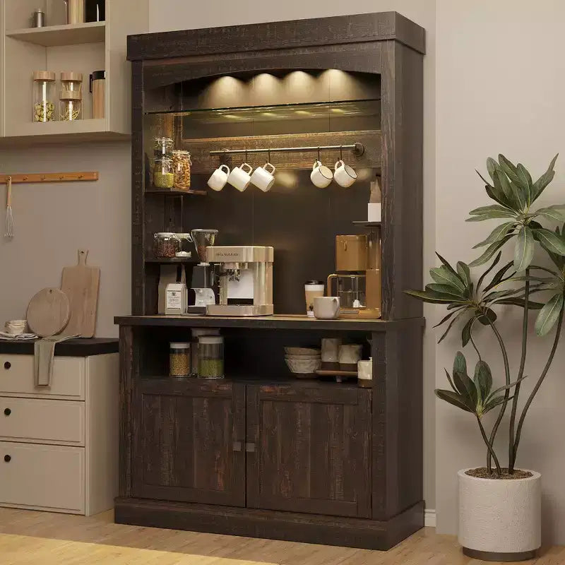 Meuble de bar à café 72" style ferme avec éclairage LED - Grand buffet avec porte-bouteilles et étagère en verre, support pour micro-ondes, garde-manger pour cuisine/salle à manger