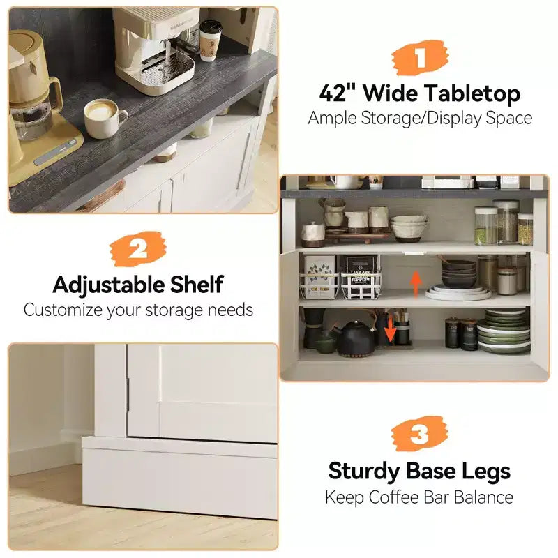 Meuble de bar à café 72" style ferme avec éclairage LED - Grand buffet avec porte-bouteilles et étagère en verre, support pour micro-ondes, garde-manger pour cuisine/salle à manger
