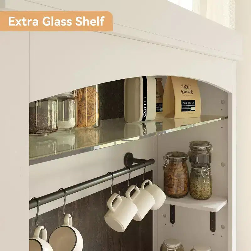 Meuble de bar à café 72" style ferme avec éclairage LED - Grand buffet avec porte-bouteilles et étagère en verre, support pour micro-ondes, garde-manger pour cuisine/salle à manger