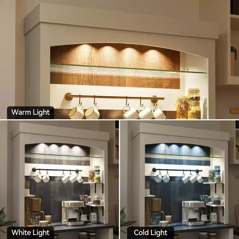 Meuble de bar à café 72" style ferme avec éclairage LED - Grand buffet avec porte-bouteilles et étagère en verre, support pour micro-ondes, garde-manger pour cuisine/salle à manger