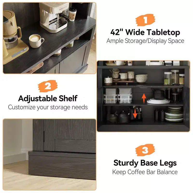 Meuble de bar à café 72" style ferme avec éclairage LED - Grand buffet avec porte-bouteilles et étagère en verre, support pour micro-ondes, garde-manger pour cuisine/salle à manger