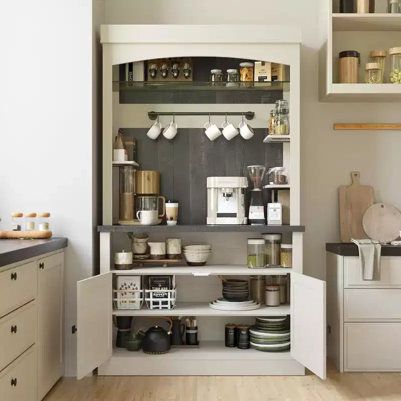 Meuble de bar à café 72" style ferme avec éclairage LED - Grand buffet avec porte-bouteilles et étagère en verre, support pour micro-ondes, garde-manger pour cuisine/salle à manger