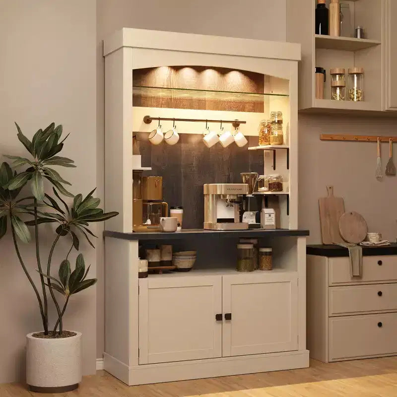 Meuble de bar à café 72" style ferme avec éclairage LED - Grand buffet avec porte-bouteilles et étagère en verre, support pour micro-ondes, garde-manger pour cuisine/salle à manger