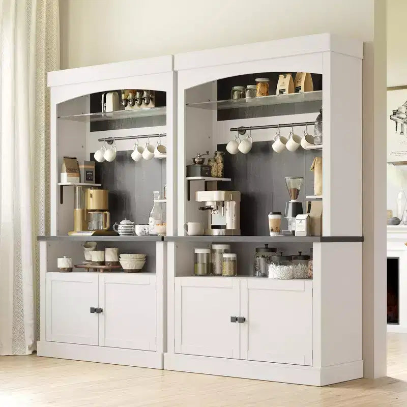 Meuble de bar à café 72" style ferme avec éclairage LED - Grand buffet avec porte-bouteilles et étagère en verre, support pour micro-ondes, garde-manger pour cuisine/salle à manger