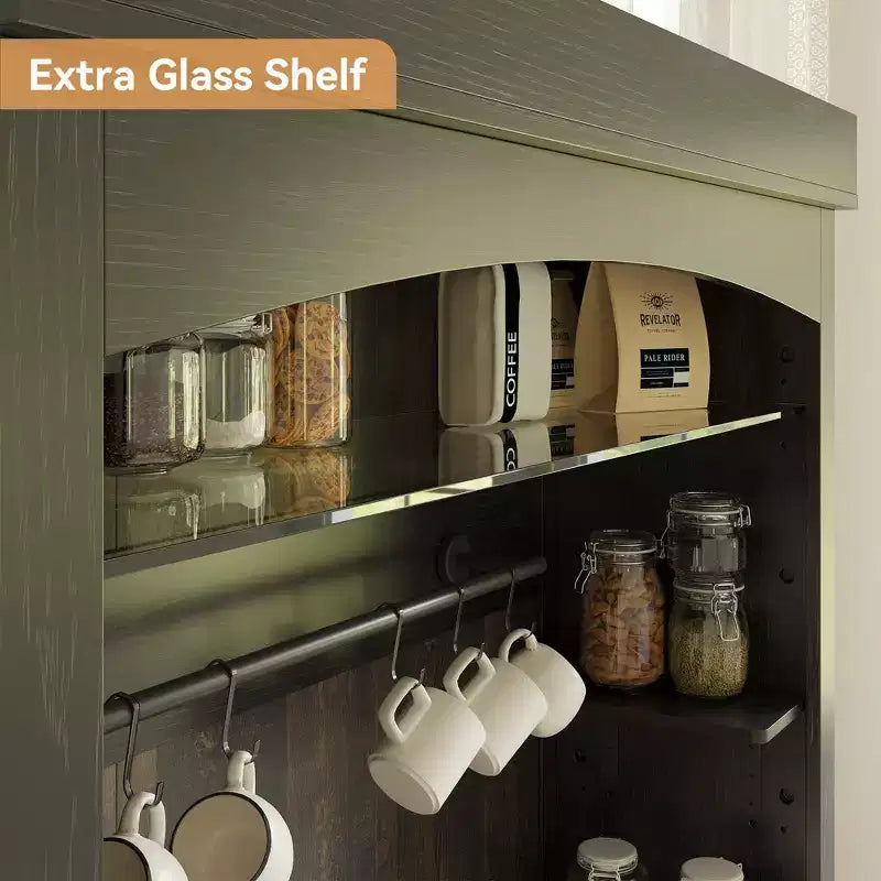 Meuble de bar à café 72" style ferme avec éclairage LED - Grand buffet avec porte-bouteilles et étagère en verre, support pour micro-ondes, garde-manger pour cuisine/salle à manger