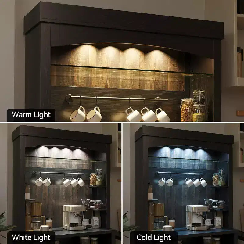 Meuble de bar à café 72" style ferme avec éclairage LED - Grand buffet avec porte-bouteilles et étagère en verre, support pour micro-ondes, garde-manger pour cuisine/salle à manger