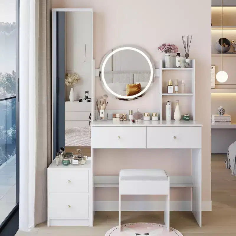 17-Inch Natural Vanity Desk Set with Full-Body Mirror Cabinet and Lights, Cabinet Storage, Matching Stool for Bedroom