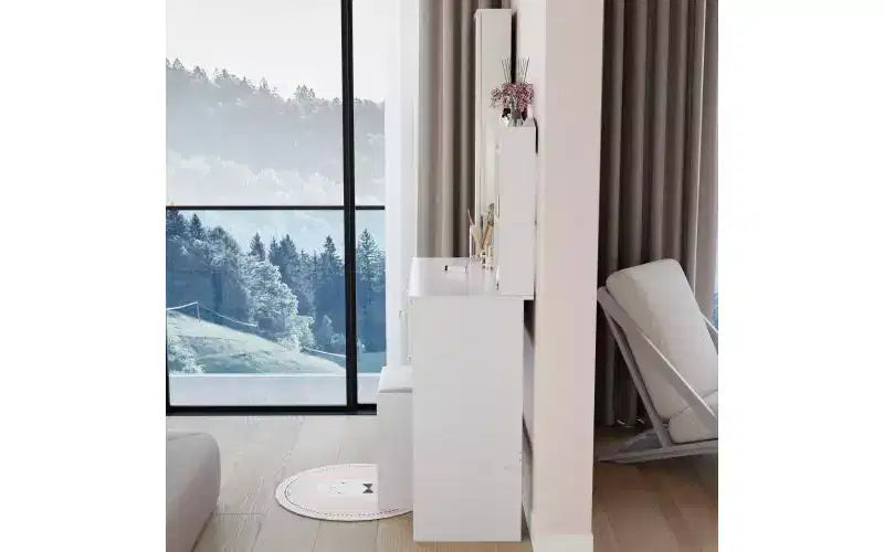 Ensemble de coiffeuse naturelle de 17 pouces avec armoire-miroir pleine longueur et lumières, rangement et tabouret assorti pour chambre à coucher