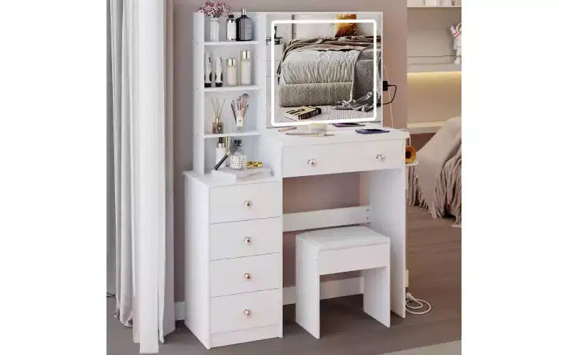 Ensemble de coiffeuse naturelle de 17 pouces avec armoire-miroir pleine longueur et lumières, rangement et tabouret assorti pour chambre à coucher