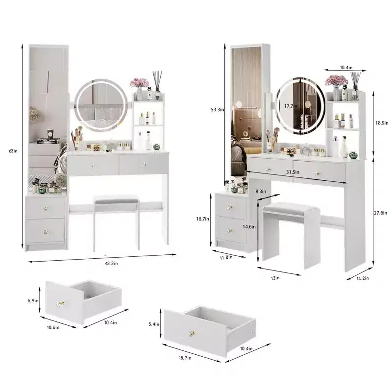 Ensemble de coiffeuse naturelle de 17 pouces avec armoire-miroir pleine longueur et lumières, rangement et tabouret assorti pour chambre à coucher