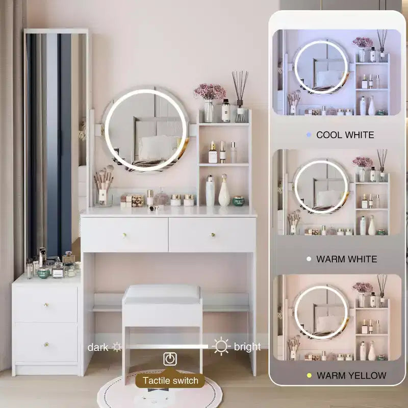 Ensemble de coiffeuse naturelle de 17 pouces avec armoire-miroir pleine longueur et lumières, rangement et tabouret assorti pour chambre à coucher