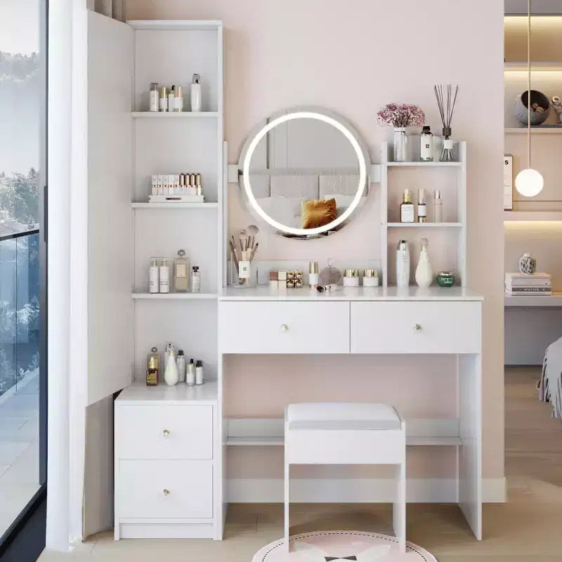 Ensemble de coiffeuse naturelle de 17 pouces avec armoire-miroir pleine longueur et lumières, rangement et tabouret assorti pour chambre à coucher