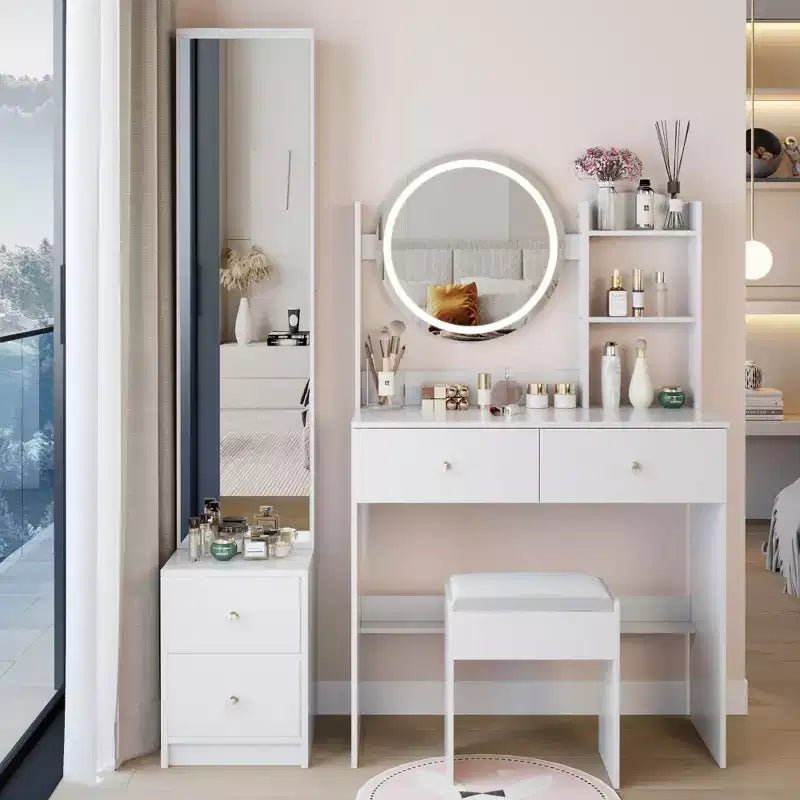 Ensemble de coiffeuse naturelle de 17 pouces avec armoire-miroir pleine longueur et lumières, rangement et tabouret assorti pour chambre à coucher