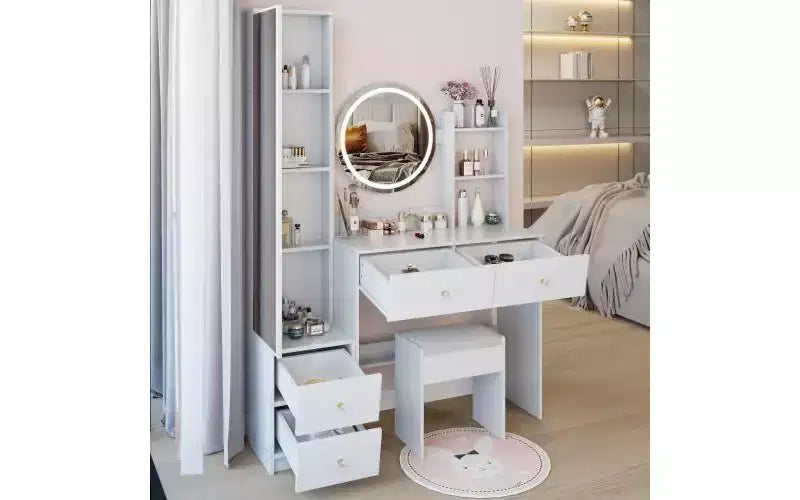 Ensemble de coiffeuse naturelle de 17 pouces avec armoire-miroir pleine longueur et lumières, rangement et tabouret assorti pour chambre à coucher
