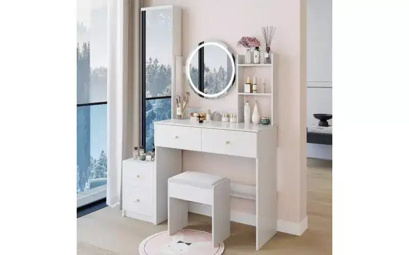 Ensemble de coiffeuse naturelle de 17 pouces avec armoire-miroir pleine longueur et lumières, rangement et tabouret assorti pour chambre à coucher