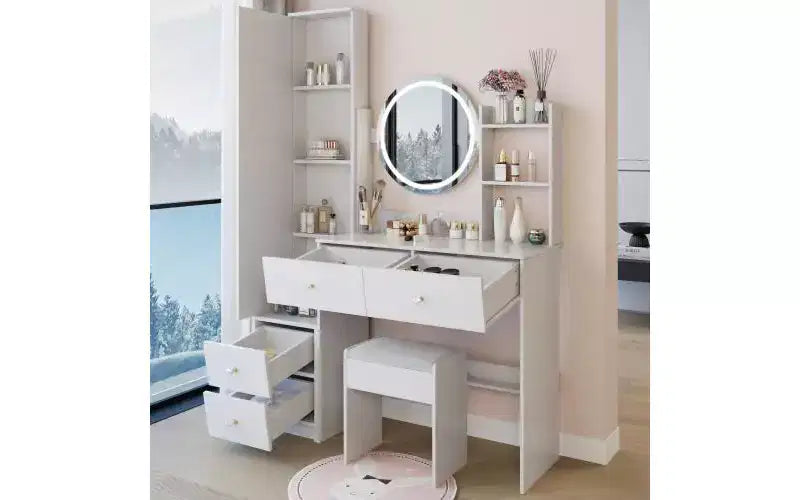 Ensemble de coiffeuse naturelle de 17 pouces avec armoire-miroir pleine longueur et lumières, rangement et tabouret assorti pour chambre à coucher
