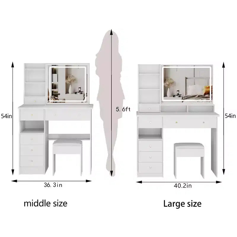 Coiffeuse de 104 cm avec Miroir LED Tactile, Rangement Organisé et Tabouret Assorti pour Chambre à Coucher