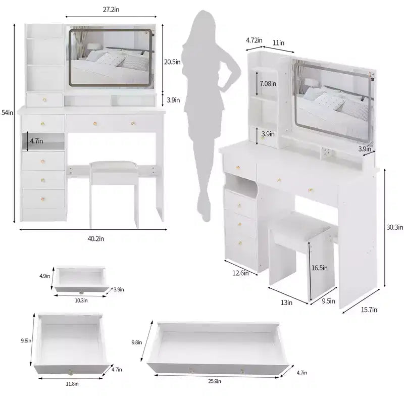 Coiffeuse de 104 cm avec Miroir LED Tactile, Rangement Organisé et Tabouret Assorti pour Chambre à Coucher