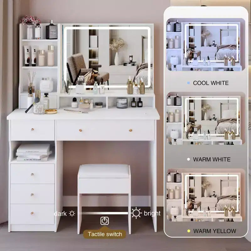 Coiffeuse de 104 cm avec Miroir LED Tactile, Rangement Organisé et Tabouret Assorti pour Chambre à Coucher