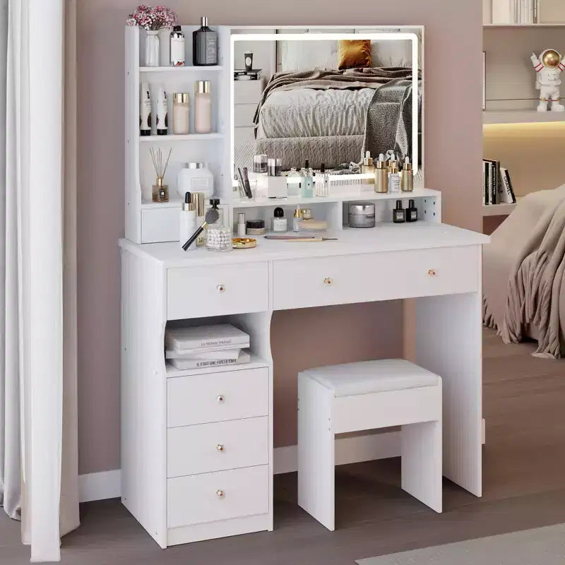 Coiffeuse de 104 cm avec Miroir LED Tactile, Rangement Organisé et Tabouret Assorti pour Chambre à Coucher