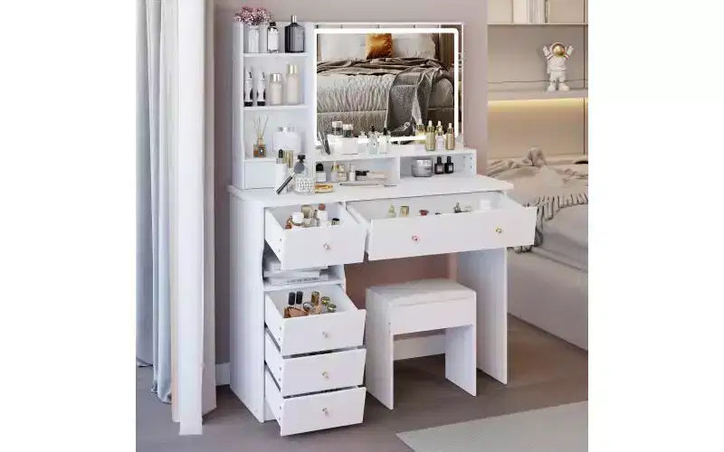 Coiffeuse de 104 cm avec Miroir LED Tactile, Rangement Organisé et Tabouret Assorti pour Chambre à Coucher