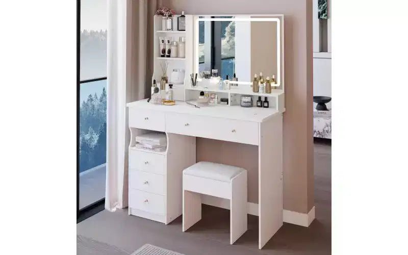 Coiffeuse de 104 cm avec Miroir LED Tactile, Rangement Organisé et Tabouret Assorti pour Chambre à Coucher