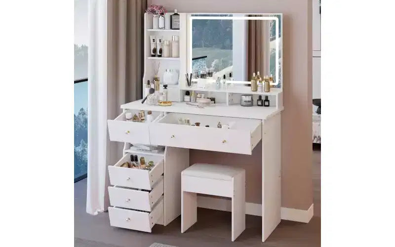 Coiffeuse de 104 cm avec Miroir LED Tactile, Rangement Organisé et Tabouret Assorti pour Chambre à Coucher