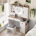 Farmhouse Makeup Vanity Desk with Sliding LED Mirror, 4 Drawers and 2 Cabinets, Charging Station, Glass Top, and Side Cabinet for Bedroom