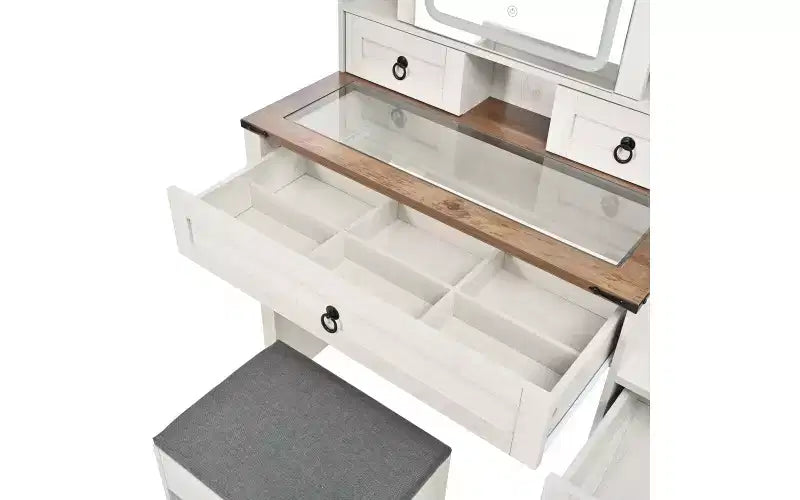 Coiffeuse de ferme avec miroir coulissant à LED, 4 tiroirs et 2 armoires, station de charge, plateau en verre et armoire latérale pour chambre à coucher