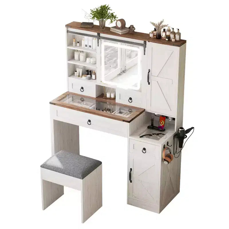 Coiffeuse de ferme avec miroir coulissant à LED, 4 tiroirs et 2 armoires, station de charge, plateau en verre et armoire latérale pour chambre à coucher