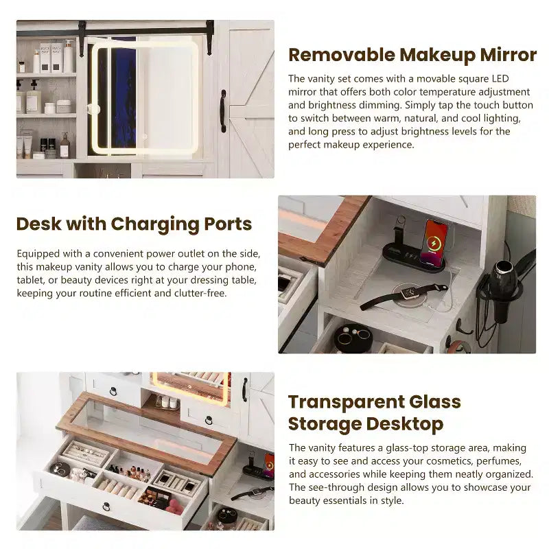 Coiffeuse de ferme avec miroir coulissant à LED, 4 tiroirs et 2 armoires, station de charge, plateau en verre et armoire latérale pour chambre à coucher