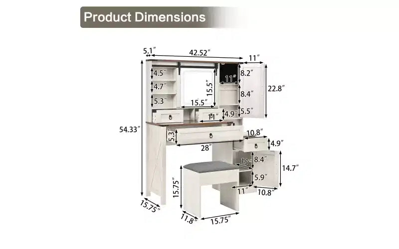 Coiffeuse de ferme avec miroir coulissant à LED, 4 tiroirs et 2 armoires, station de charge, plateau en verre et armoire latérale pour chambre à coucher