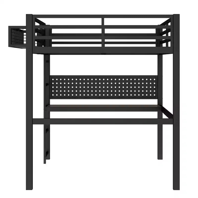 Lit mezzanine en métal Bellemave avec bureau et panneau perforé, horloge et station de charge intégrées, panier de rangement, cadre moderne peu encombrant, tailles Twin XL et Full