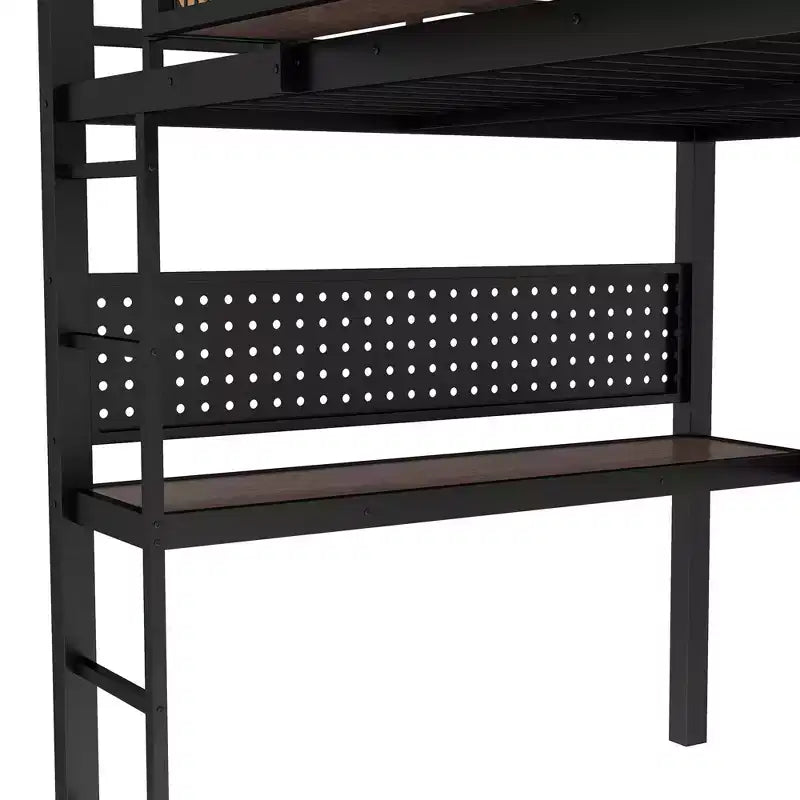 Lit mezzanine en métal Bellemave avec bureau et panneau perforé, horloge et station de charge intégrées, panier de rangement, cadre moderne peu encombrant, tailles Twin XL et Full