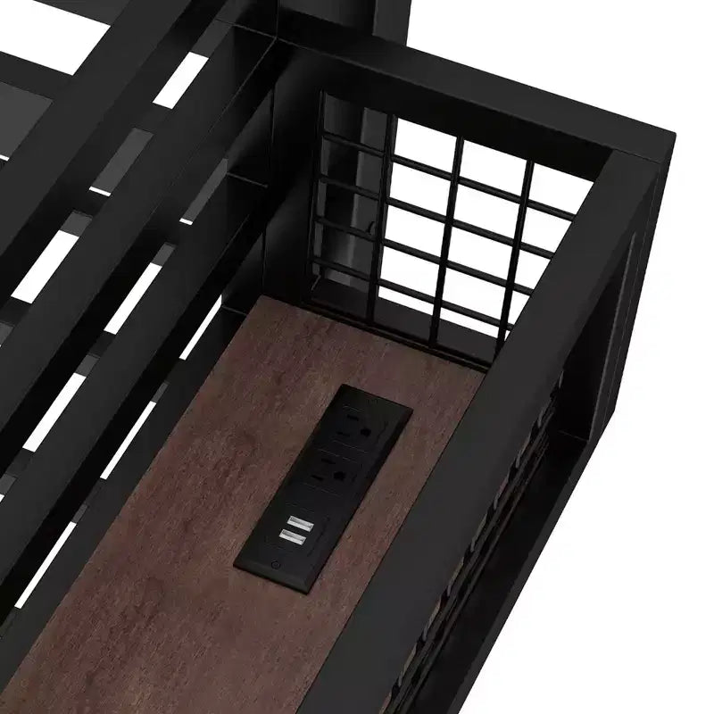 Lit mezzanine en métal Bellemave avec bureau et panneau perforé, horloge et station de charge intégrées, panier de rangement, cadre moderne peu encombrant, tailles Twin XL et Full