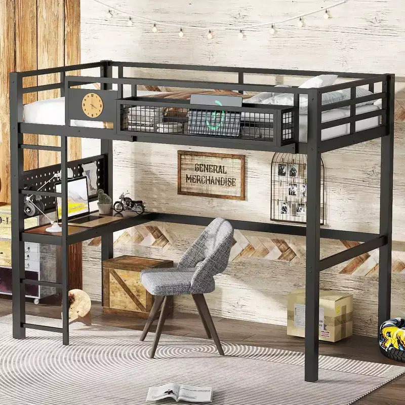 Lit mezzanine en métal Bellemave avec bureau et panneau perforé, horloge et station de charge intégrées, panier de rangement, cadre moderne peu encombrant, tailles Twin XL et Full