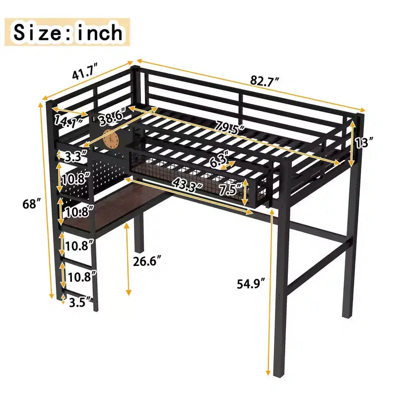 Lit mezzanine en métal Bellemave avec bureau et panneau perforé, horloge et station de charge intégrées, panier de rangement, cadre moderne peu encombrant, tailles Twin XL et Full