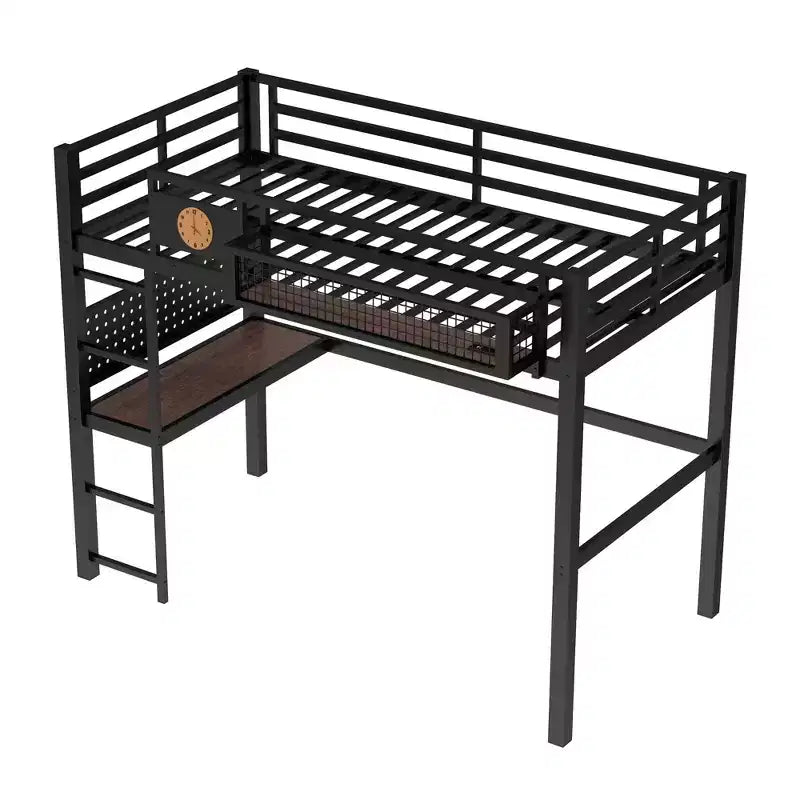 Lit mezzanine en métal Bellemave avec bureau et panneau perforé, horloge et station de charge intégrées, panier de rangement, cadre moderne peu encombrant, tailles Twin XL et Full