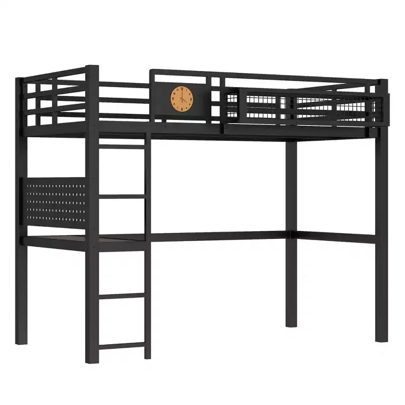 Lit mezzanine en métal Bellemave avec bureau et panneau perforé, horloge et station de charge intégrées, panier de rangement, cadre moderne peu encombrant, tailles Twin XL et Full