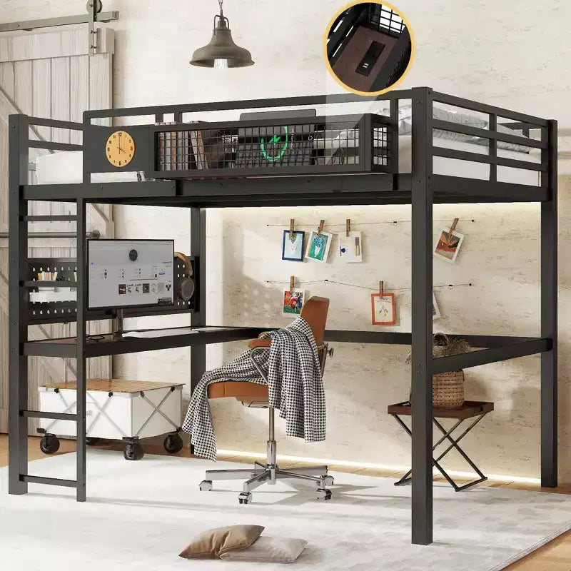 Lit mezzanine en métal Bellemave avec bureau et panneau perforé, horloge et station de charge intégrées, panier de rangement, cadre moderne peu encombrant, tailles Twin XL et Full