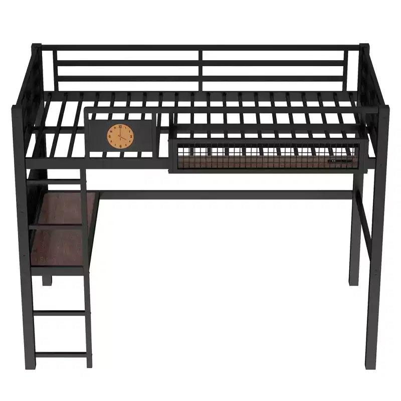 Lit mezzanine en métal Bellemave avec bureau et panneau perforé, horloge et station de charge intégrées, panier de rangement, cadre moderne peu encombrant, tailles Twin XL et Full