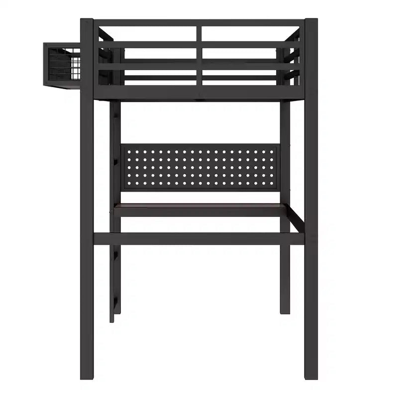Lit mezzanine en métal Bellemave avec bureau et panneau perforé, horloge et station de charge intégrées, panier de rangement, cadre moderne peu encombrant, tailles Twin XL et Full
