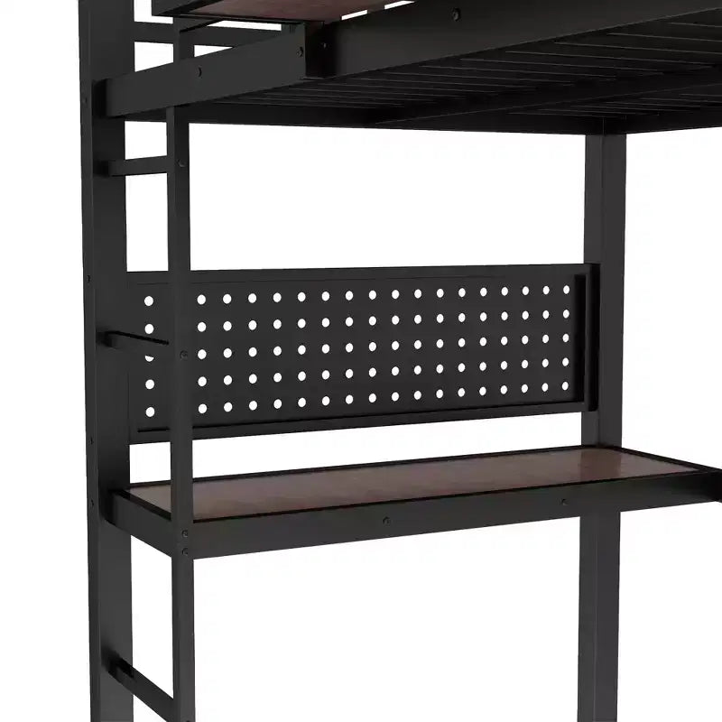 Lit mezzanine en métal Bellemave avec bureau et panneau perforé, horloge et station de charge intégrées, panier de rangement, cadre moderne peu encombrant, tailles Twin XL et Full