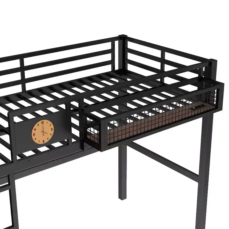 Lit mezzanine en métal Bellemave avec bureau et panneau perforé, horloge et station de charge intégrées, panier de rangement, cadre moderne peu encombrant, tailles Twin XL et Full