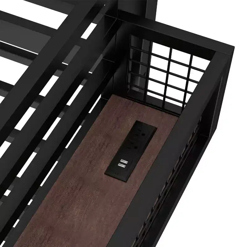 Lit mezzanine en métal Bellemave avec bureau et panneau perforé, horloge et station de charge intégrées, panier de rangement, cadre moderne peu encombrant, tailles Twin XL et Full