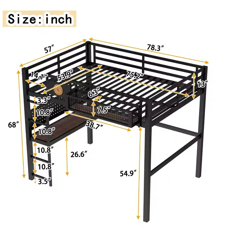 Lit mezzanine en métal Bellemave avec bureau et panneau perforé, horloge et station de charge intégrées, panier de rangement, cadre moderne peu encombrant, tailles Twin XL et Full